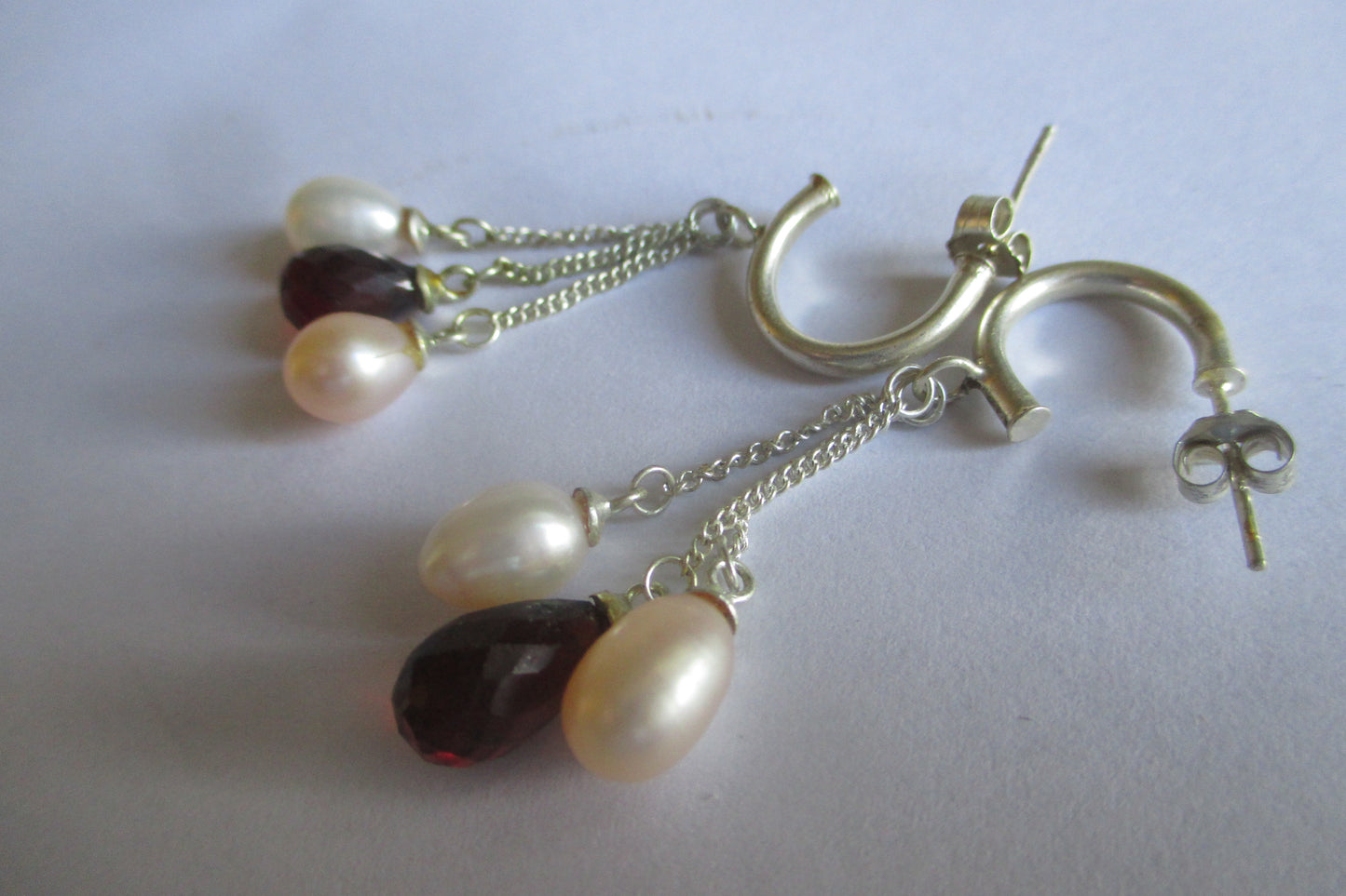 Silver hoop with pearl and garnet drops earrings