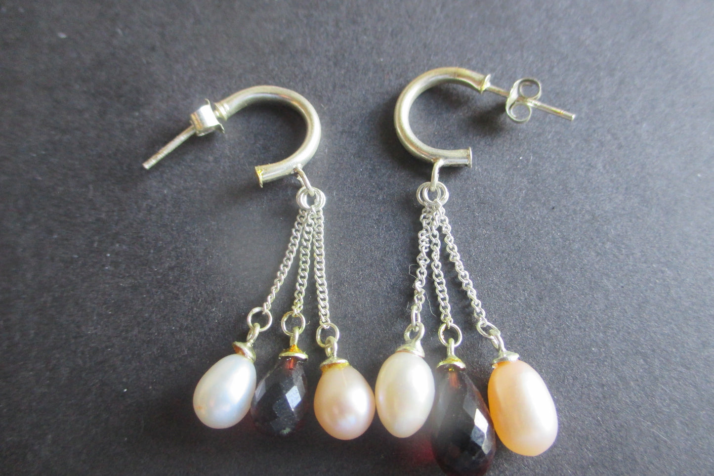 Silver hoop with pearl and garnet drops earrings