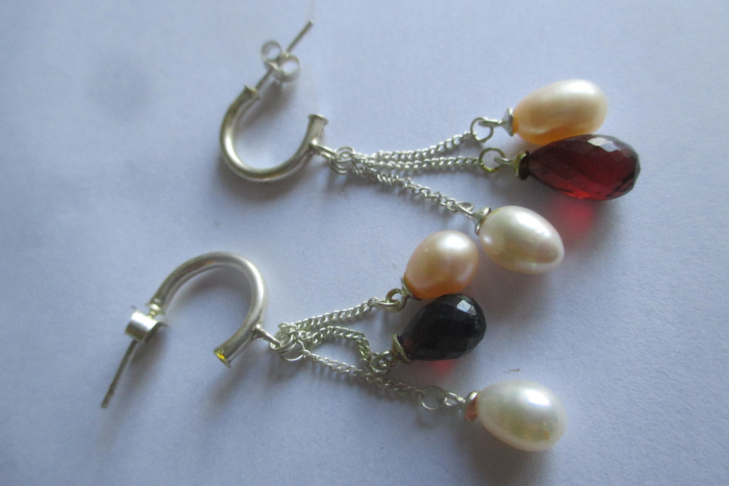 Silver hoop with pearl and garnet drops earrings