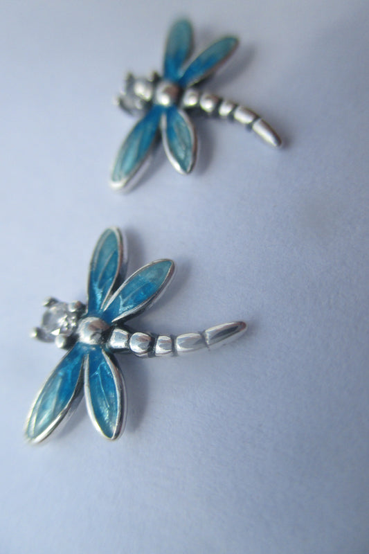 Silver enamel dragonfly stud earrings