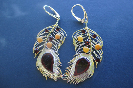 Amber peacock feather earrings