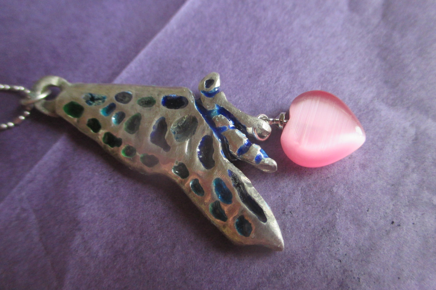 Silver Butterfly pendant with Venetian glass heart