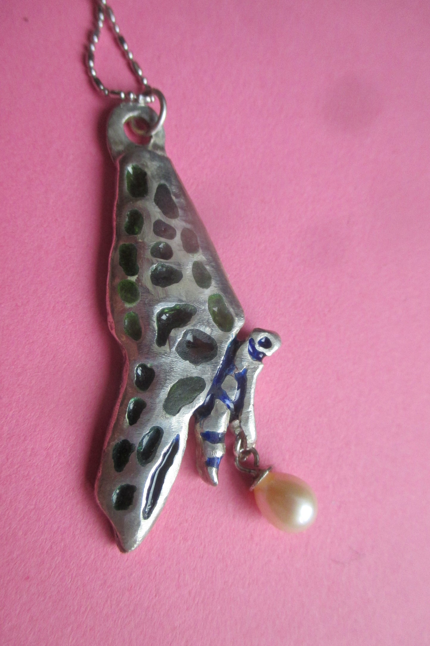 Silver Butterfly pendant with pink pearl