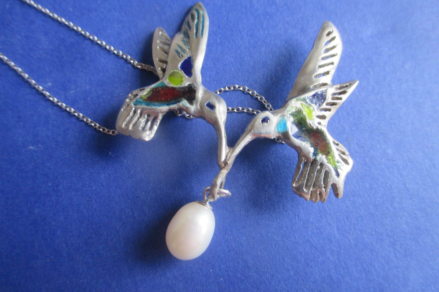 Silver Humming birds and pearl pendant