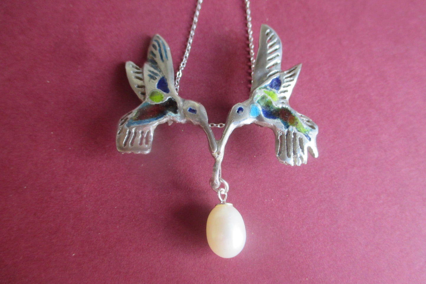 Silver Humming birds and pearl pendant