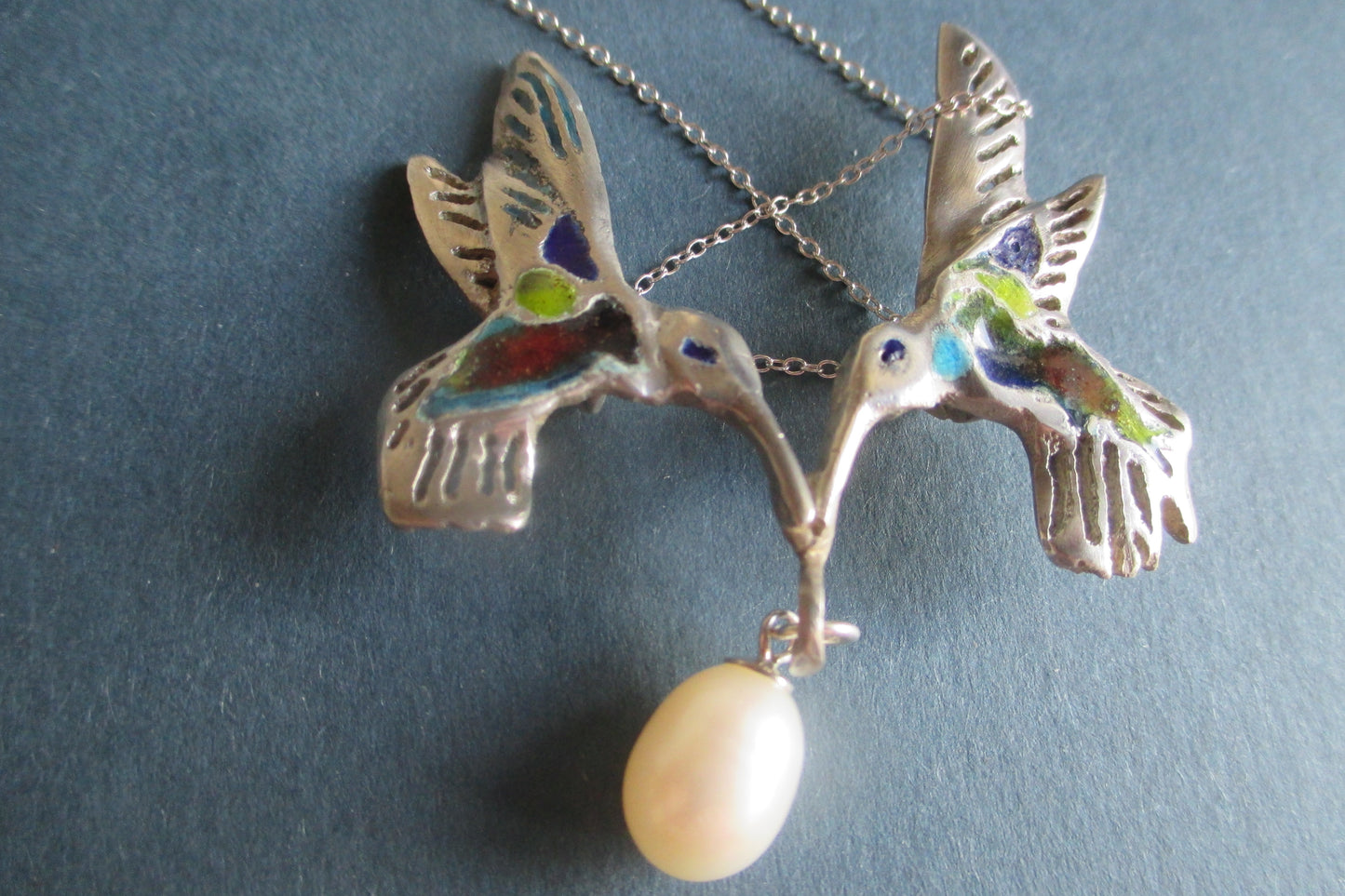 Silver Humming birds and pearl pendant