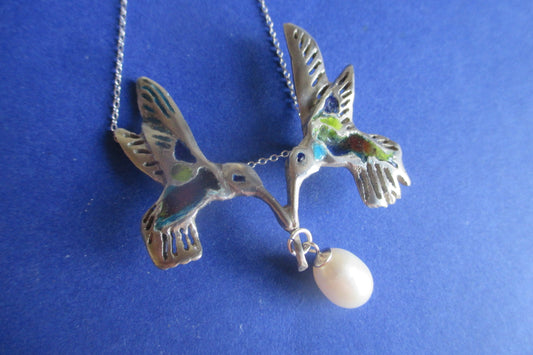 Silver Humming birds and pearl pendant