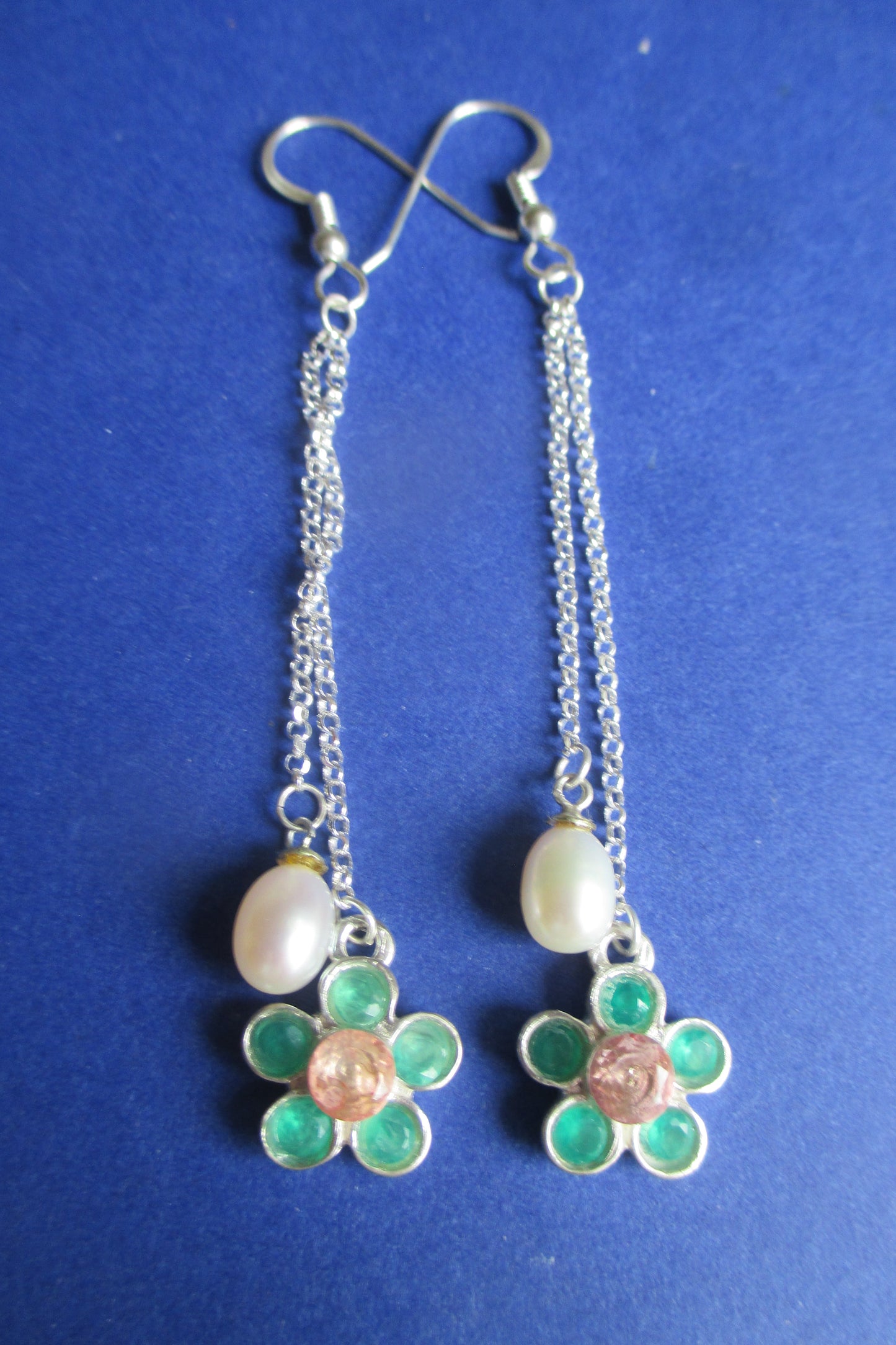 Silver flower and pearl hook earrings