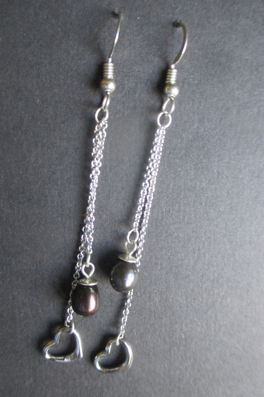 Silver hearts and black pearl hook earrings