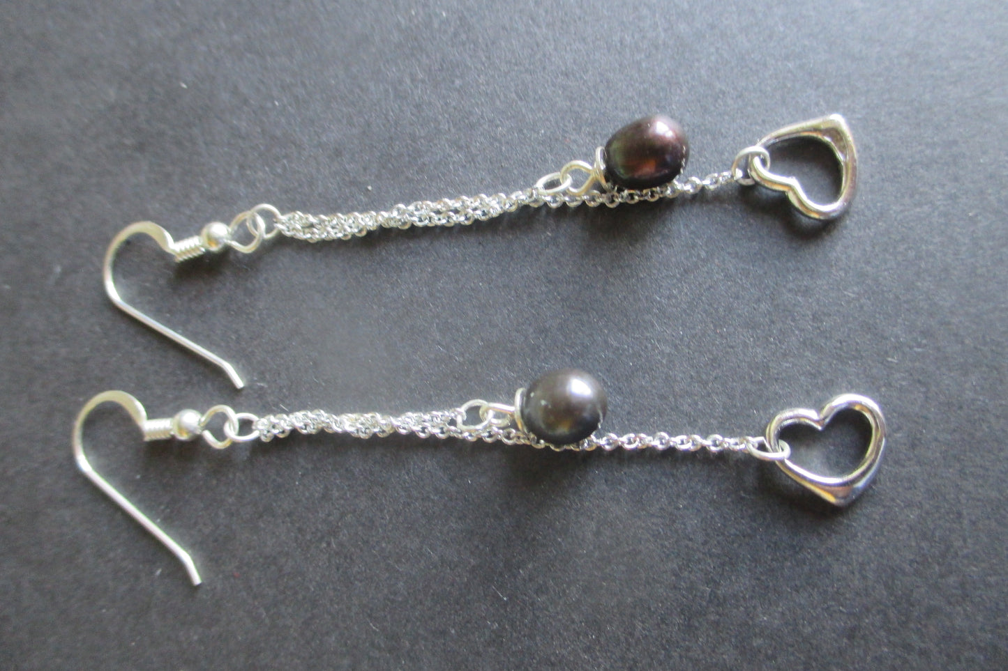 Silver hearts and black pearl hook earrings