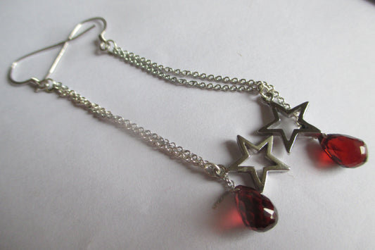 Silver stars red garnet stud earrings