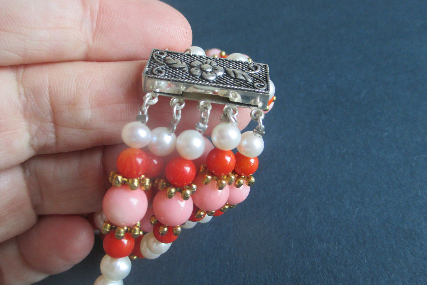 Freshwater pearl and coral bracelet