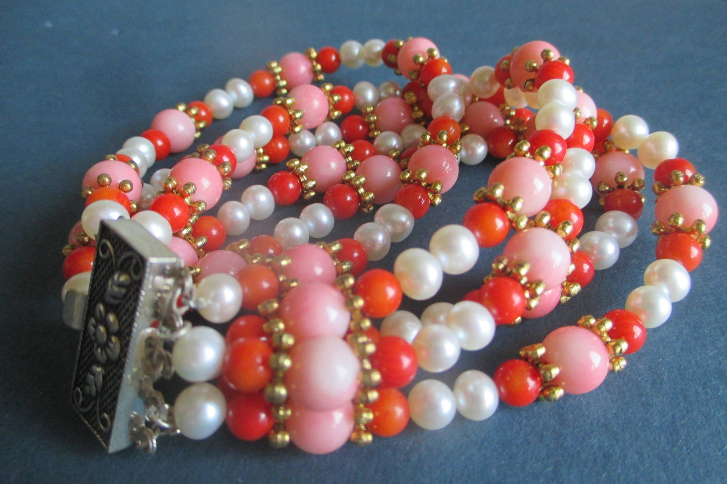 Freshwater pearl and coral bracelet