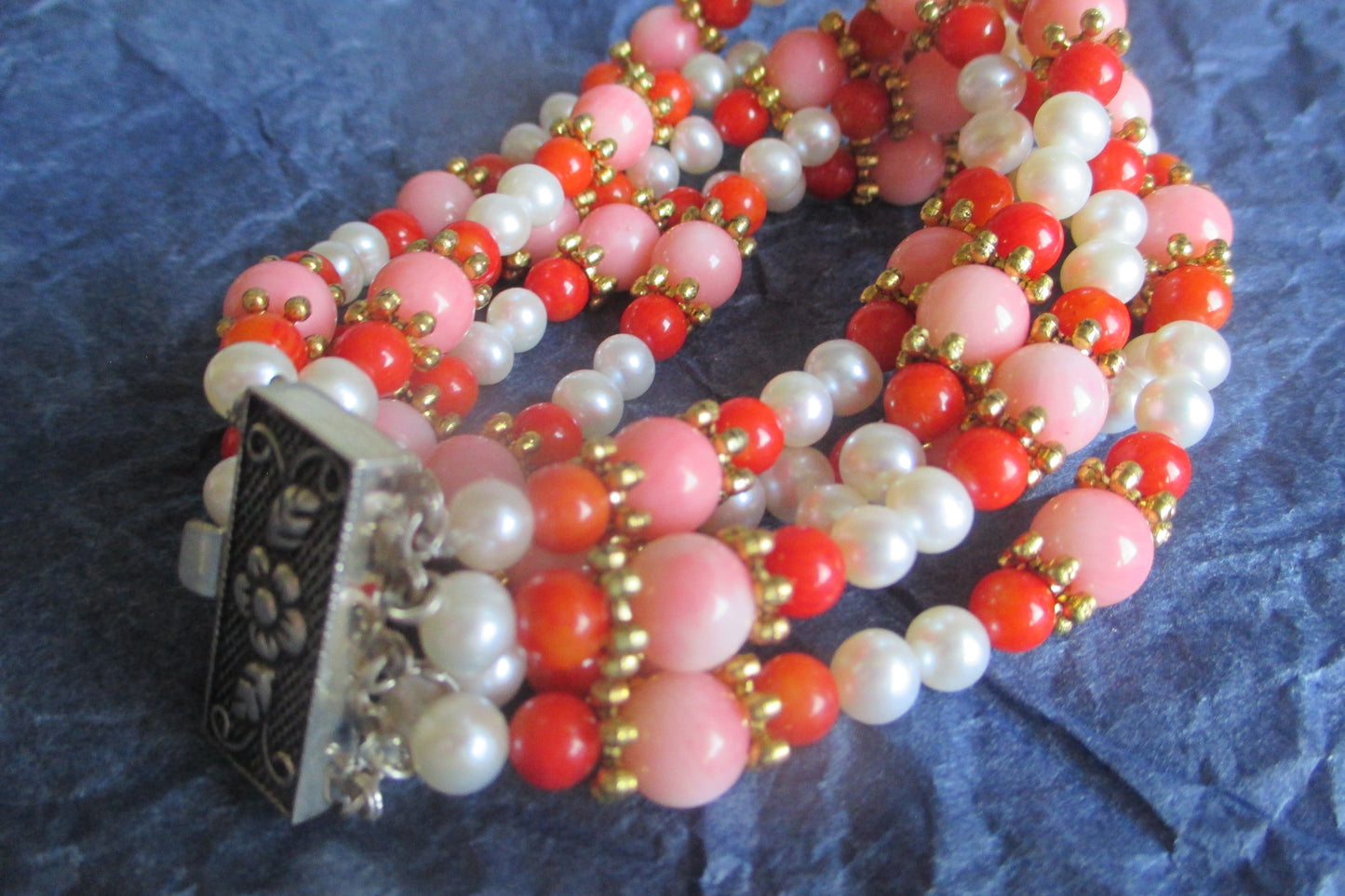 Freshwater pearl and coral bracelet