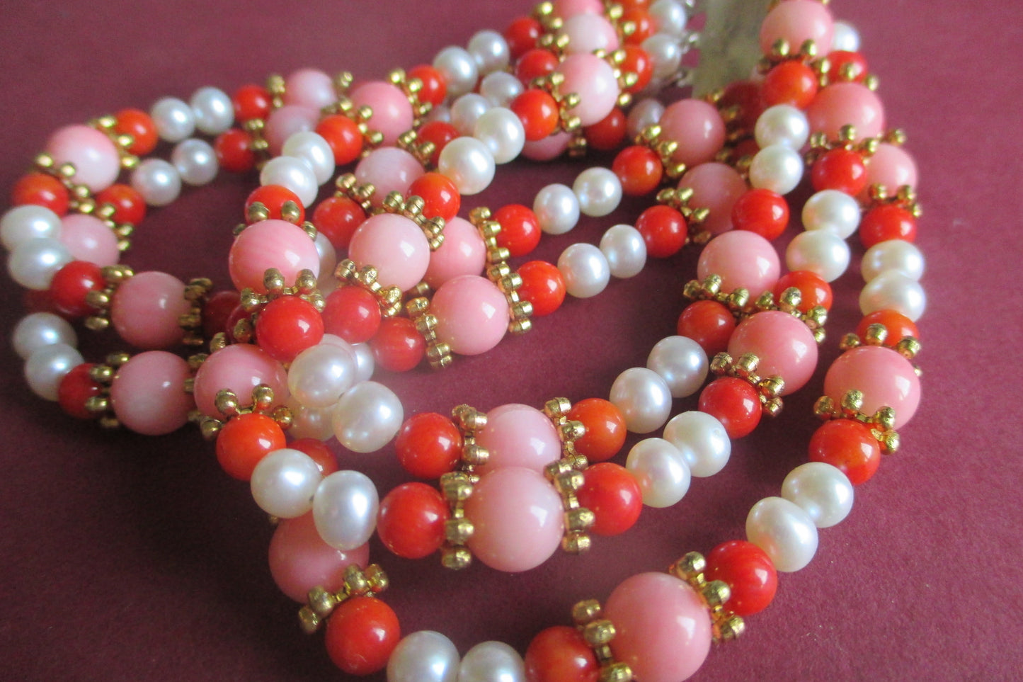 Freshwater pearl and coral bracelet