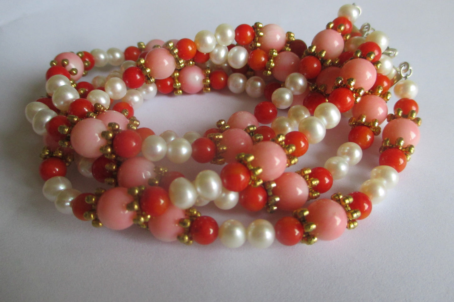 Freshwater pearl and coral bracelet